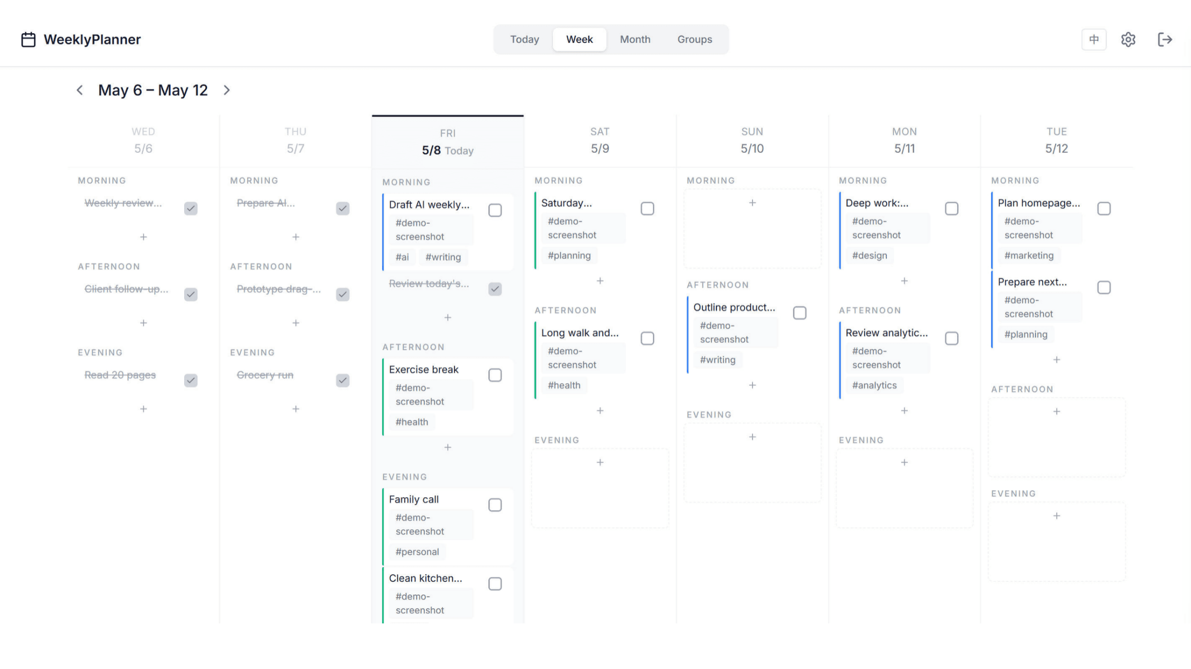 WeeklyPlanner visual weekly planning board screenshot