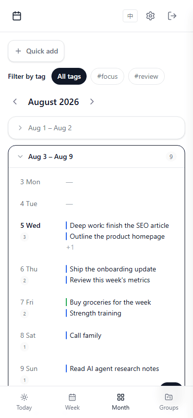 WeekOrbit monthly planner showing tasks across a real month